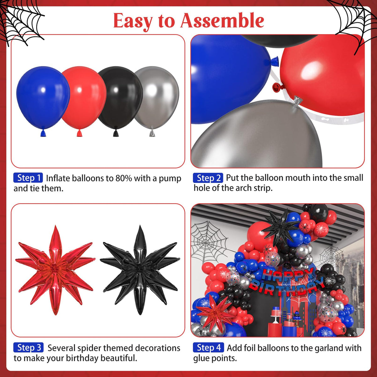 162Pcs Black Red and Blue Balloon Arch Garland Kit, Spider Theme Party Decorations with Star Foil Balloons Happy Birthday Banner for Man Boy Kids Spider Baby Shower Birthday Party Decor Supplies
