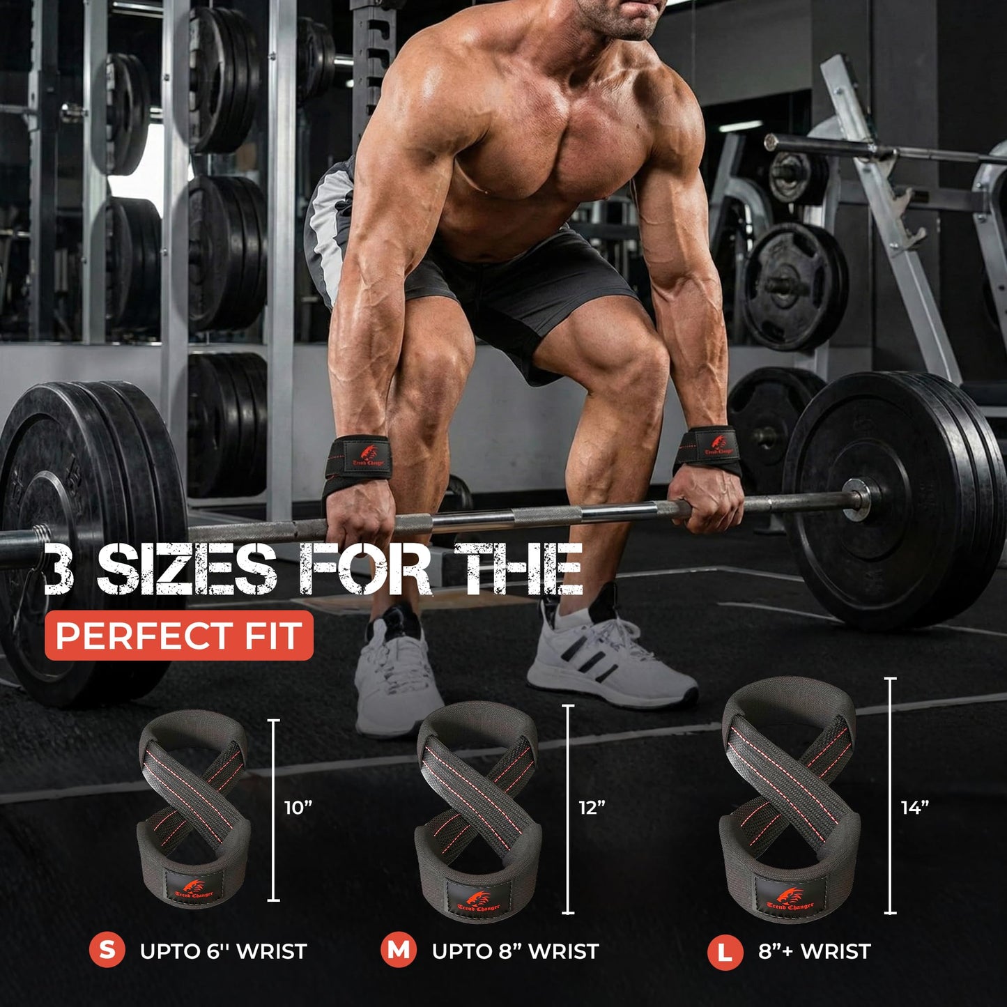 Trend Changer Figure 8 Lifting Strap Padded Deadlift Straps Heavy Duty Weight Lifting Straps Strongman Axle Bar Straps Weightlifting Wrist Wraps (Medium (Upto 8.0'' Wrist Circumference), Black/Red)