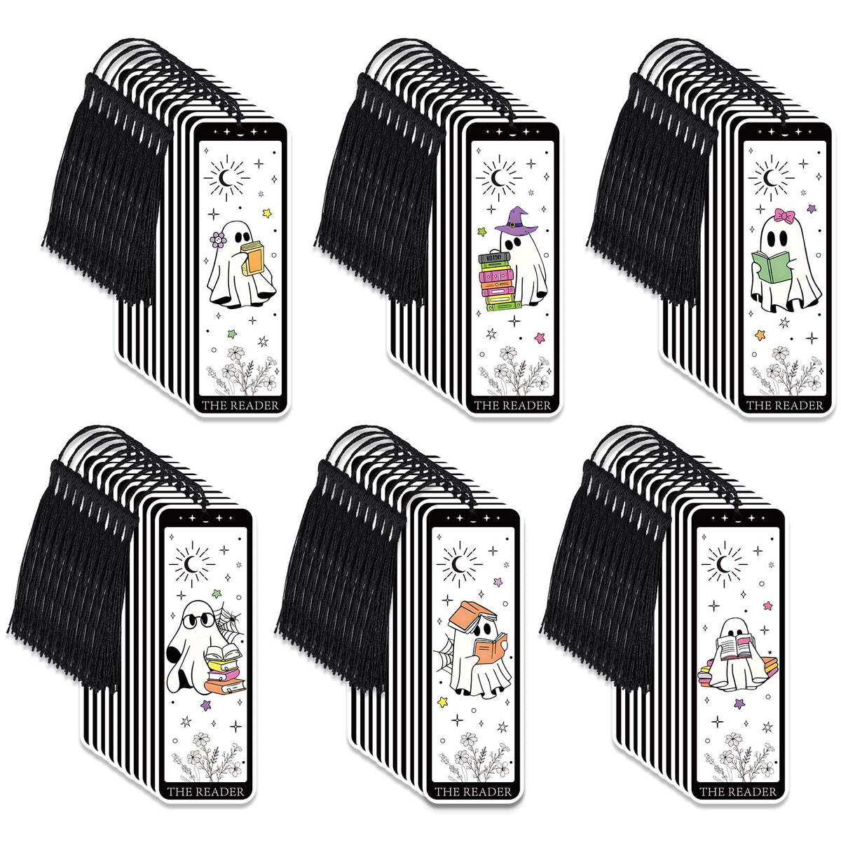 Whaline 60 Pcs Halloween Ghost Bookmark Cute Cartoon Reading Ghost Book Page Markers with Tassels for Book Lovers Student Teacher Home Classroom Supplies, Double-Sided