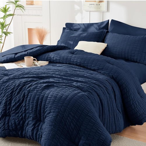 HYMOKEGE Navy Blue California King Comforter Set - 7-Piece Luxury All-Season Bedding Set