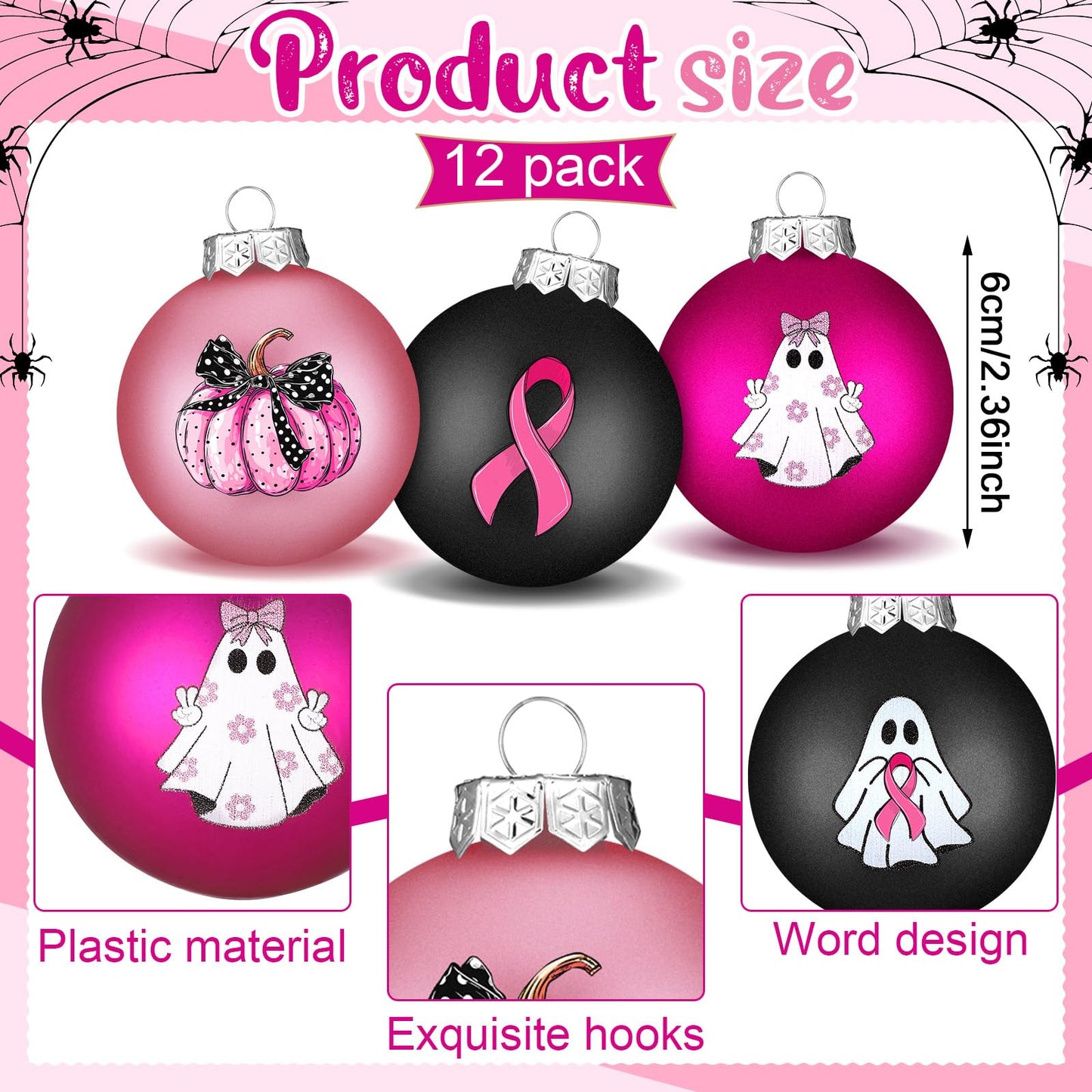 Arrowbash 12 Pcs Breast Cancer Halloween Ornaments 2.4 Inch Pink Ghost Ribbon Ball Decoration October Pink Pumpkin Bulb Ornaments Breast Cancer Awareness Halloween Decoration for Tree Home Party Decor