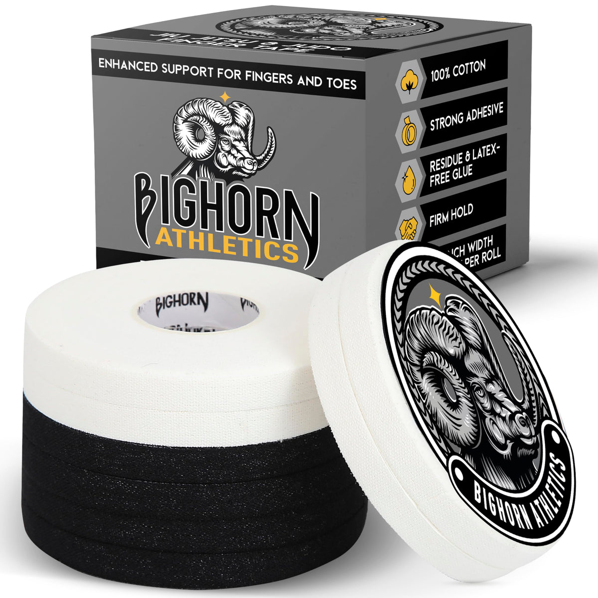 Bighorn Athletics Jiu Jitsu Finger Tape, 0.3-Inch x 45-feet, 8-Rolls | Residue-Free, Zinc Oxide Adhesive | Athletic Sports Tape for BJJ, Wrestling, Climbing, Volleyball, Hands & Toes | Black & White