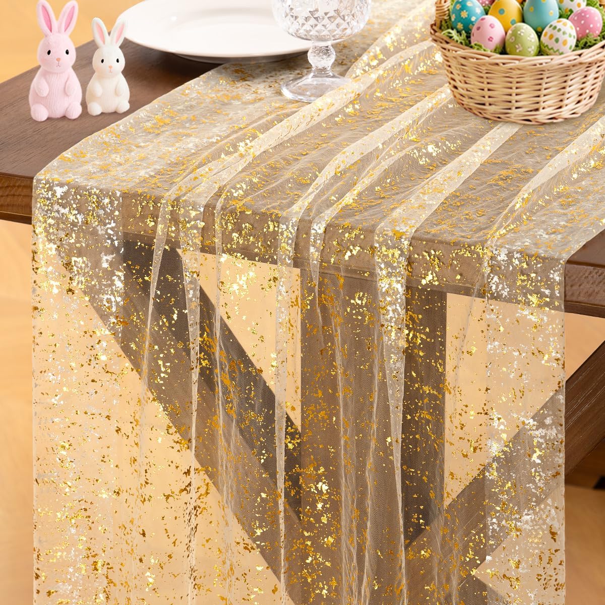 Socomi Gold Table Runner - Sheer Glitter Tulle for Weddings & Parties | 10FT Beige Centerpiece Decor