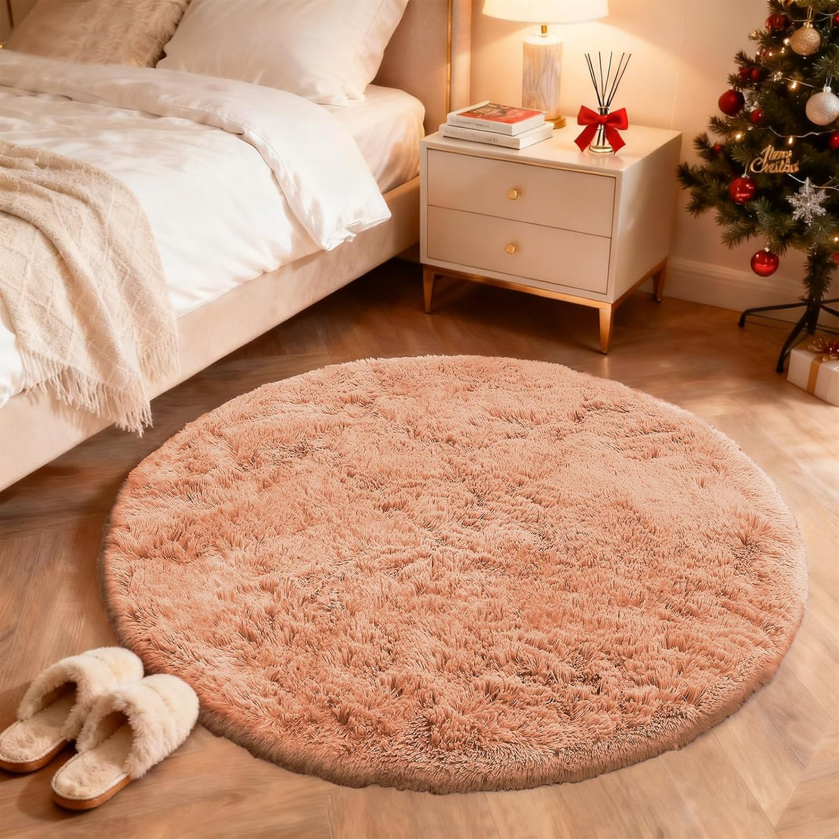 OLANLY Round Area Rug - Soft and Fluffy Muted Orange Shaggy Carpet, 4 ft Circle for Bedroom & Living Room Decor