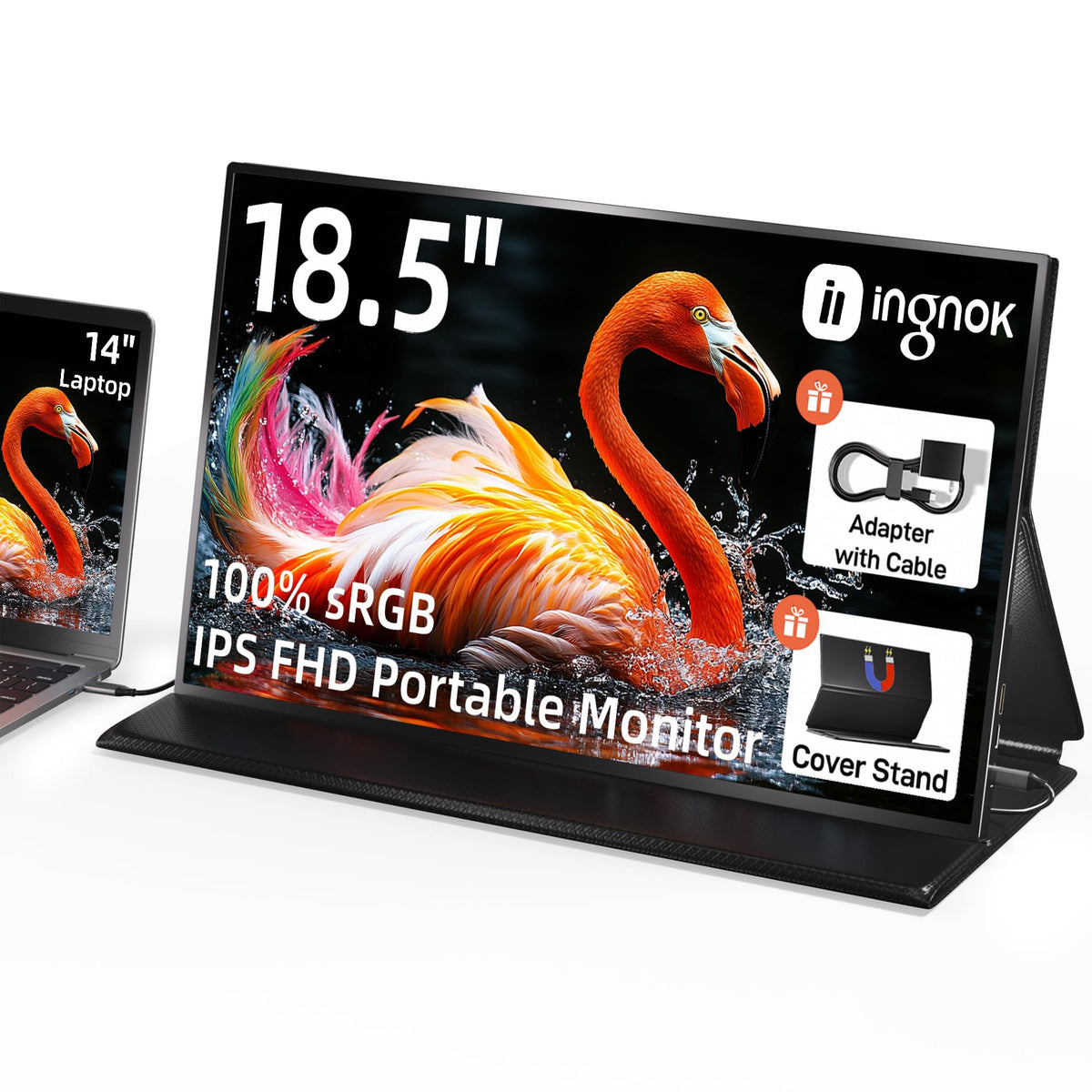 Ingnok Portable Monitor, 18.5 Inch FHD 1080P 100% sRGB Laptop Screen Extender USB C HDMI Portable Gaming Monitor w/Smart Cover & Speakers, External Monitor for Laptop Mac PC