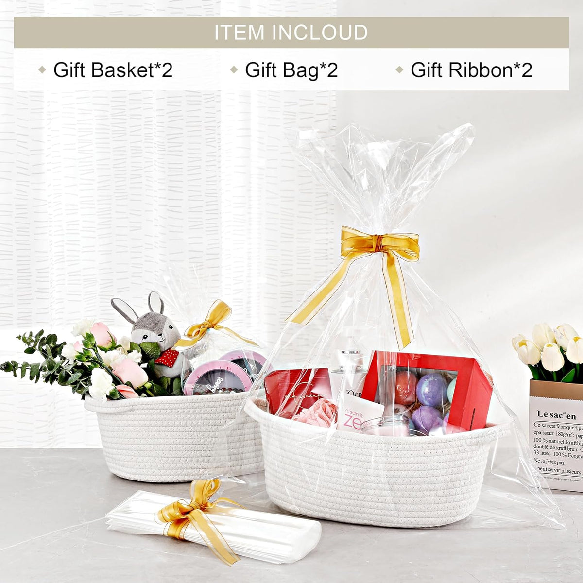 Skiennix Small Woven Baskets - Cute Nursery Storage with Gift Bags & Ribbons | 12"x 8"x 5", White