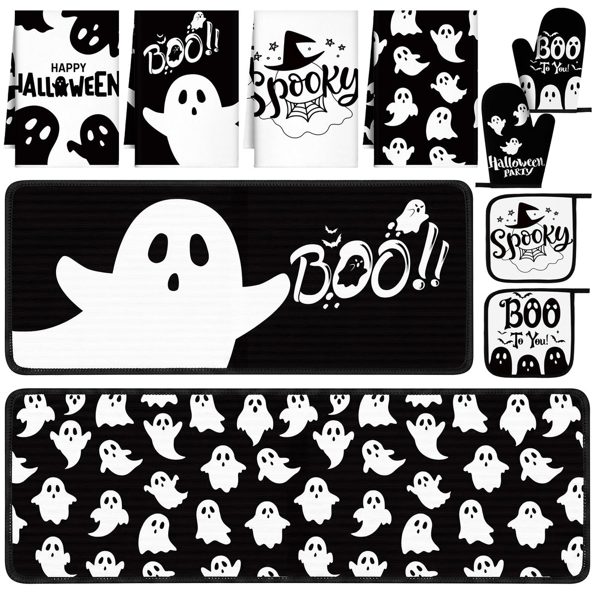 Fanfanwin 10 Pcs Halloween Ghost Kitchen Decor Set Ghost Kitchen Rugs Towels Pot Holders Oven Mitts Set for Baking Cooking BBQ Halloween Decorations