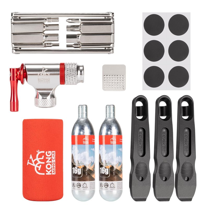 KONG MING CAR Bike Repair Tool Kit-Co2 Inflator Kits with Co2 Cartridges,8 in 1 Multi Tools, Tire Tube Patches & Tire Levers Included- Bike Maintenance Emergency Repair Tool Kit