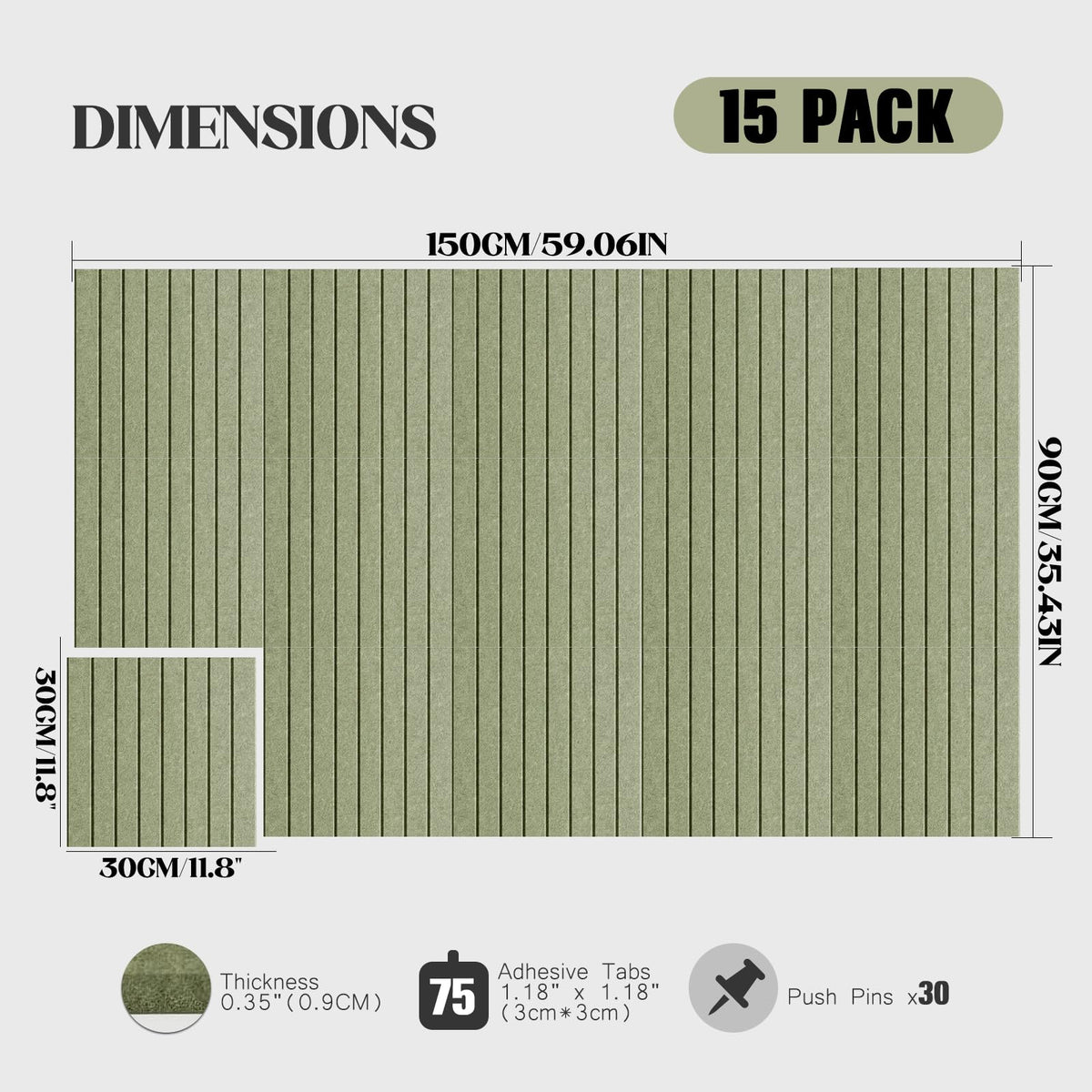 59 x 36 Felt Bulletin Board Tiles - 15 Pack 150g High-Density Sound Absorbing Panels, Slat Wall Cork Board Alternative for Office & Home, Includes 30 Pushpins & 75 Adhesive Tabs, Sage Green