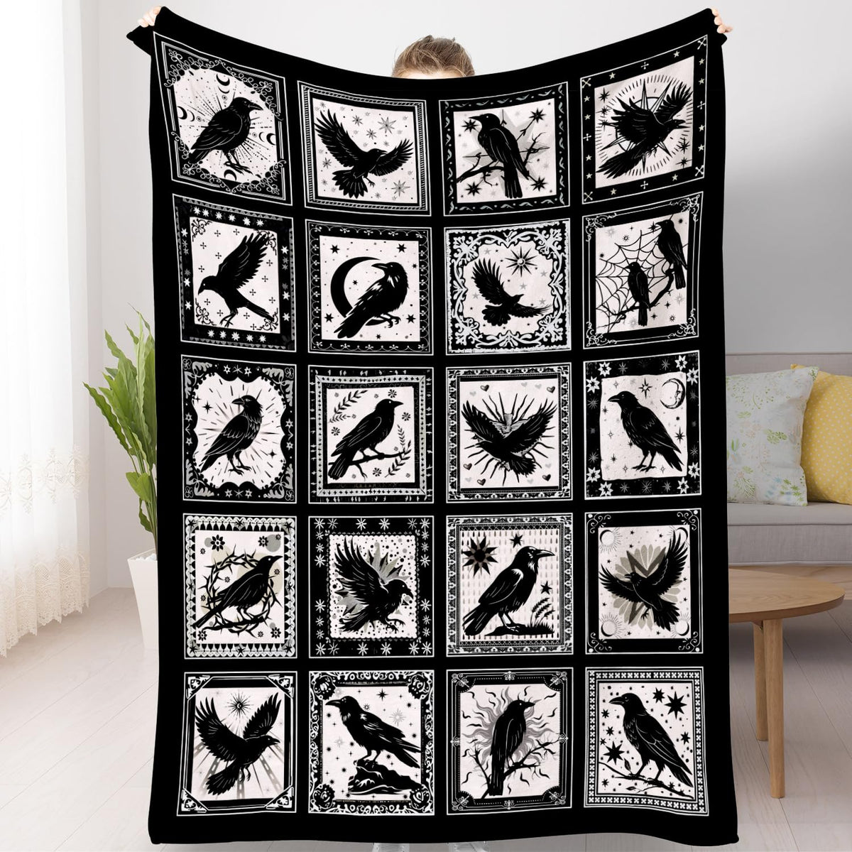 Bird Blanket Halloween Black Gothic Throw Blanket Ultra Soft Retro Hummingbird Blankets Raven Crow Throw Bird Lover Gift Bed Cover Cozy Flannel Fuzzy Plush Couch Cover for Sofa 50" X 60"