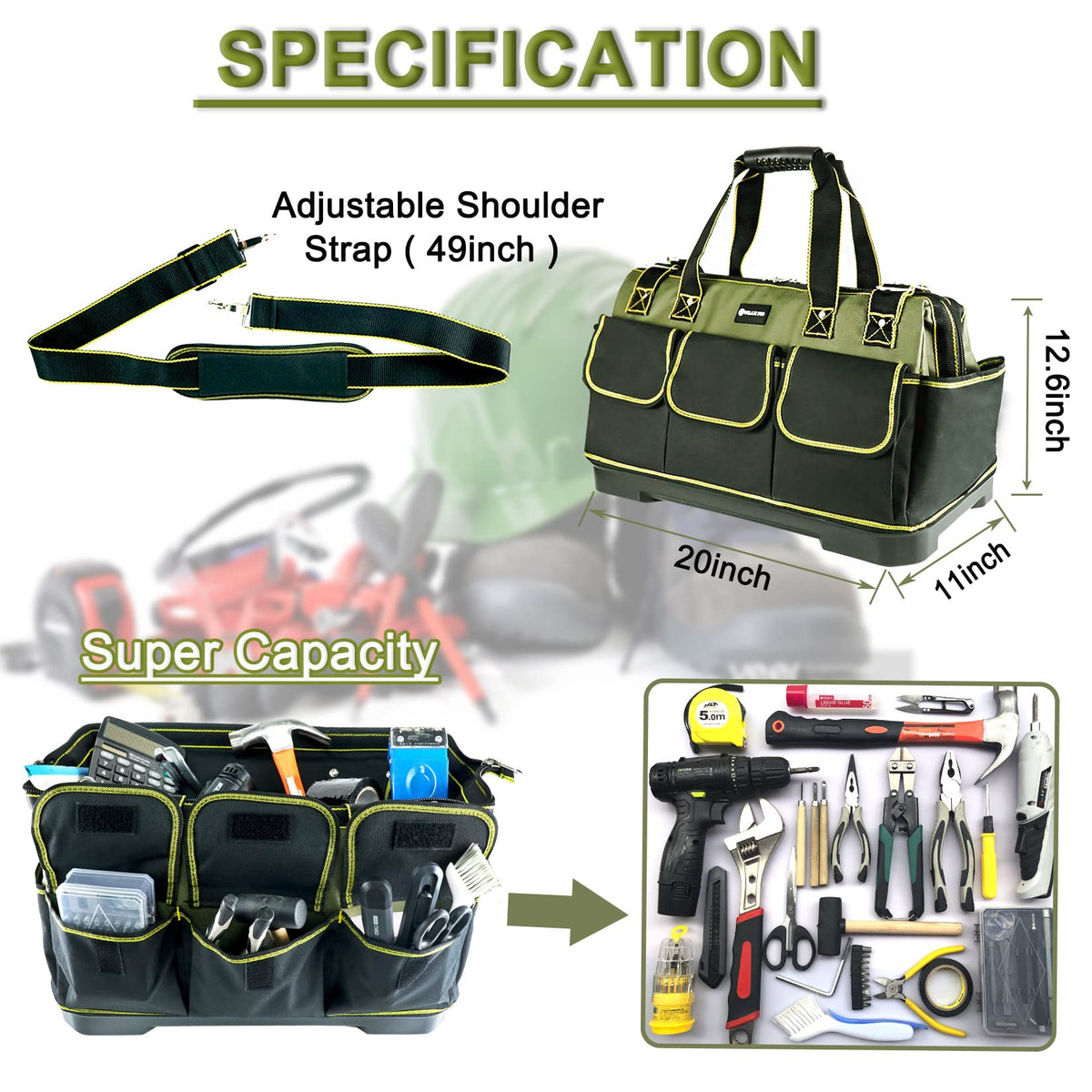 WILAXI PRO 20inch Tool Bag for Men Women Heavy Duty with Waterproof Molded Base Large Tool Bag, Wide Mouth Tool Tote, Artisan Carpenter Electricians Tool Bags,Adjustable Shoulder Strap Organizer