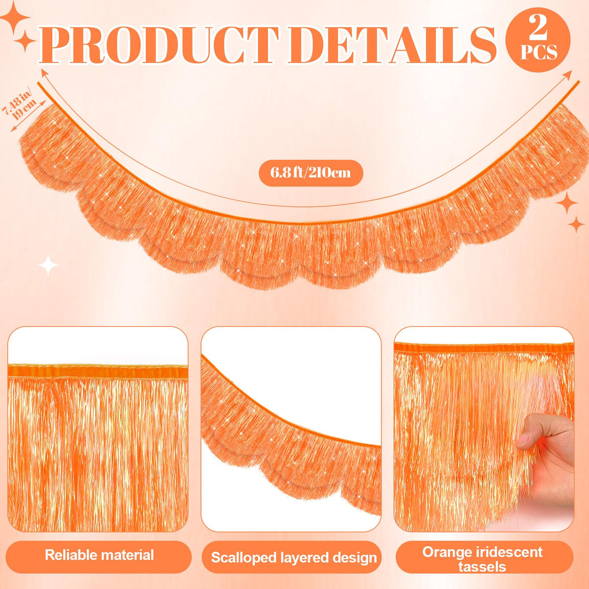 APUDWN 2Pcs 6.89ft Orange Iridescent Scalloped Fringe Banner Layered Tassel Garland Backdrop For Halloween Party Decoration Fall Birthday Photo Booth Streamer Bachelorette Bridal Shower Carnival Decor