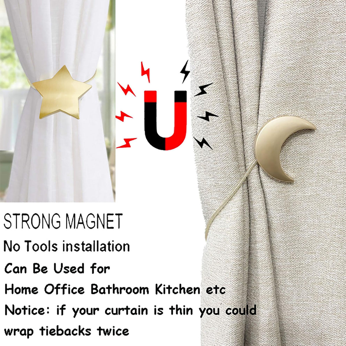 Magnetic Curtain Tiebacks Clips Decorative Rope Holdbacks 1 Pair Gold Moon and Star Shape Window Curtain Drape Tie Backs for Window Draperies Hold, Bedroom Home Décor (1pc Moon +1pc Star)