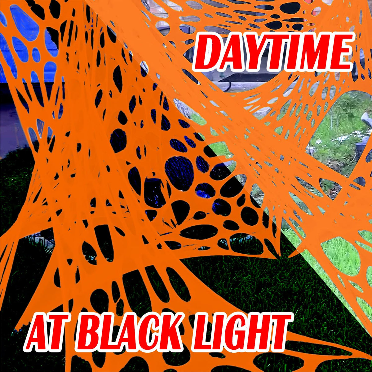 YHFUISK 700 Sqft Giant Durable Spider Web Halloween Decorative Outdoor, Beef Web for Glow in The Dark Spider Web, Orange Giant Spider Outdoor Decor Set,with 3 Blacklight (24FT x 4FT)