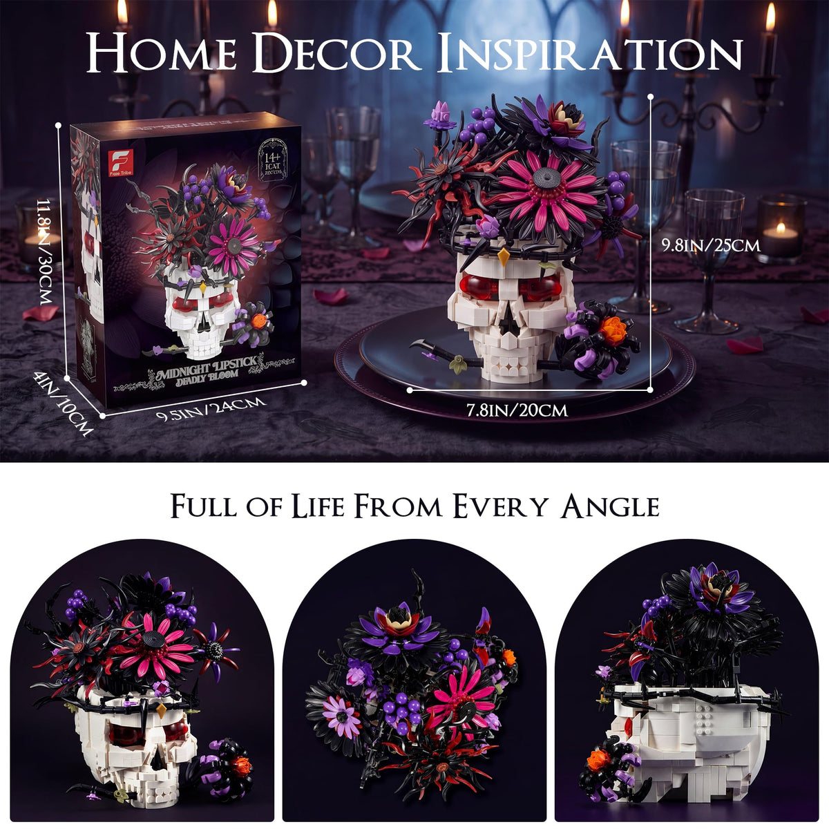 Skull Flower Bouquet Building Set, Wildflower Botanical Collection Kit for Adult Women, Horror Gothic Skeleton Decor for Goth Home Table Art Decor, Girlfriend/Mom/Wife/Couple Gift, Halloween Birthday