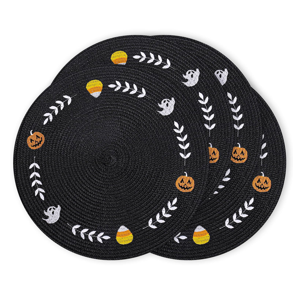 Whaline 4 Pcs Round Halloween Placemats Embroidered Ghost Pumpkin Candy Corn Place Mats Black Spooky Dinner Table Mats for Halloween Holiday Trick or Treat Party Table Decor