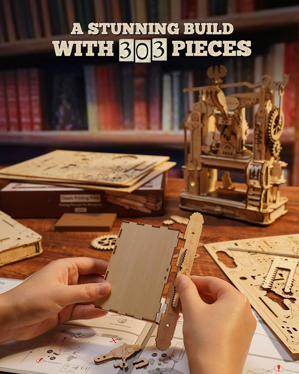 ROBOTIME Printing Press Wooden Puzzle, 3D Puzzles for Adults and Teens, Mechanical Wooden Model to Build, Unique Toy House Warming Birthday for Women/Men