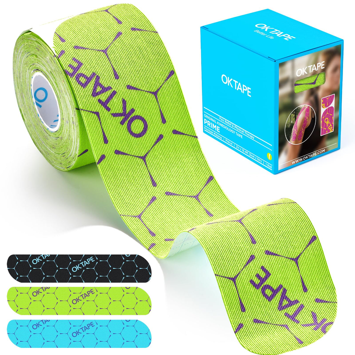 OK TAPE Synthetic Kinesiology Tape Precut Strips, Waterproof Elastic Athletic Tape for Pain Relief & Muscle Support, Targeted Recovery, 2in×16.4ft Roll, 20 PCS -Green