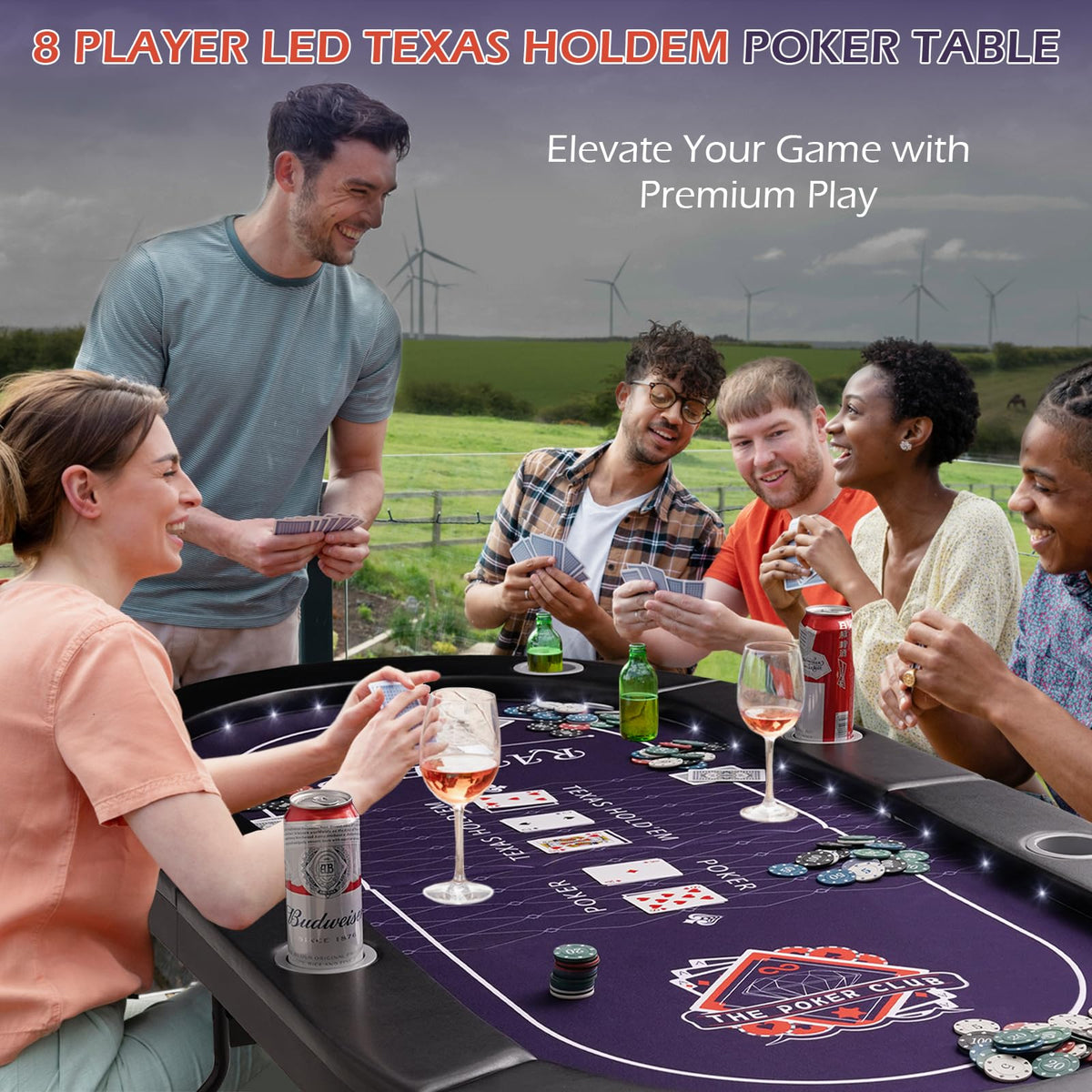 RAYKEEP 71" LED Poker Table - 8 Player Foldable Texas Hold'em Table with Built-in LED Lights, Padded Rails & 8 Cup Holders, Portable Casino Card Table for Home Game Room & Parties