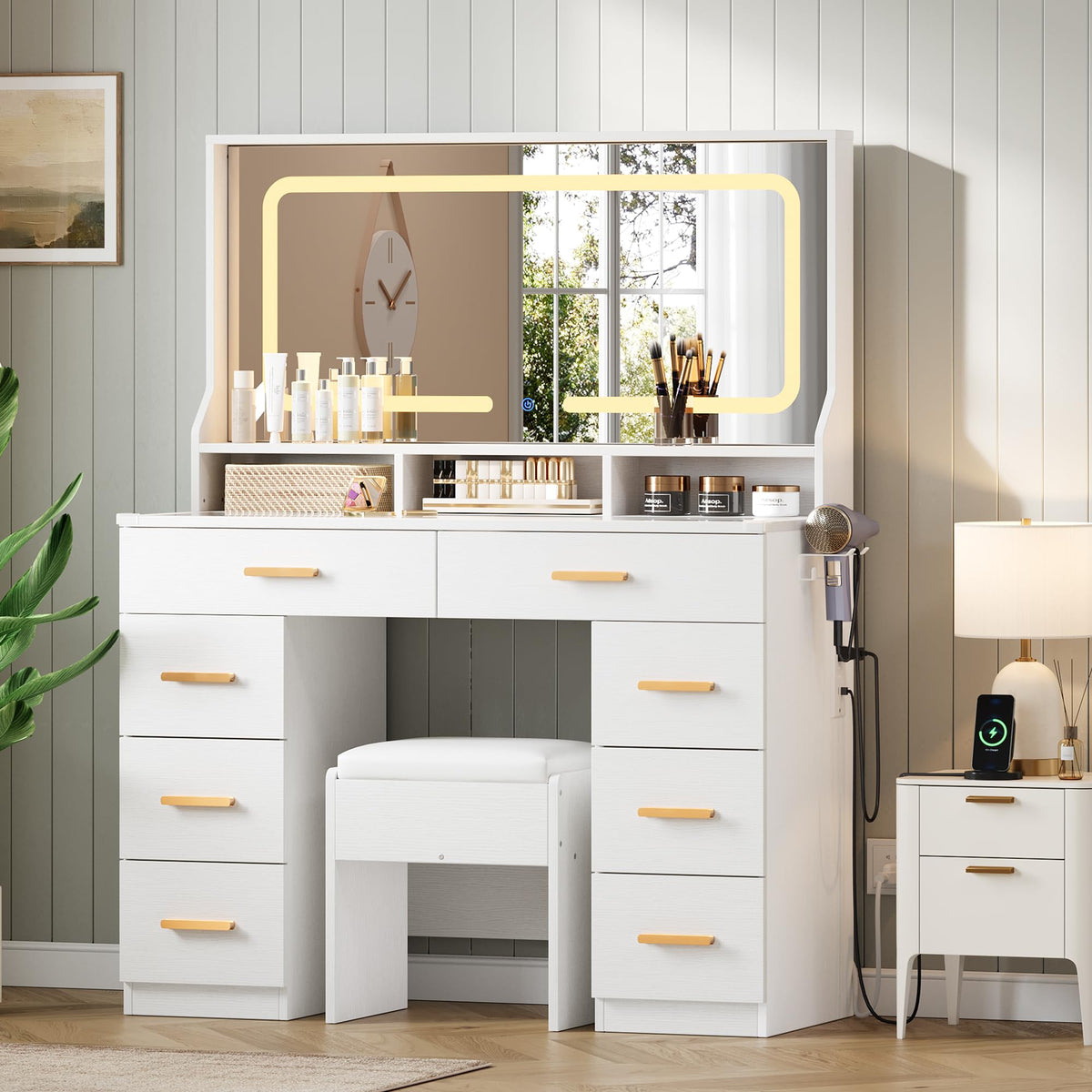GAOMON Makeup Vanity Desk with Large Lighted Mirror, Vanity Desk with Glass Tabletop, 8 Drawers & 3 Storage Shelves, Vanity Set with Built-in Power Outlet for Bedroom & Dressing Area, White