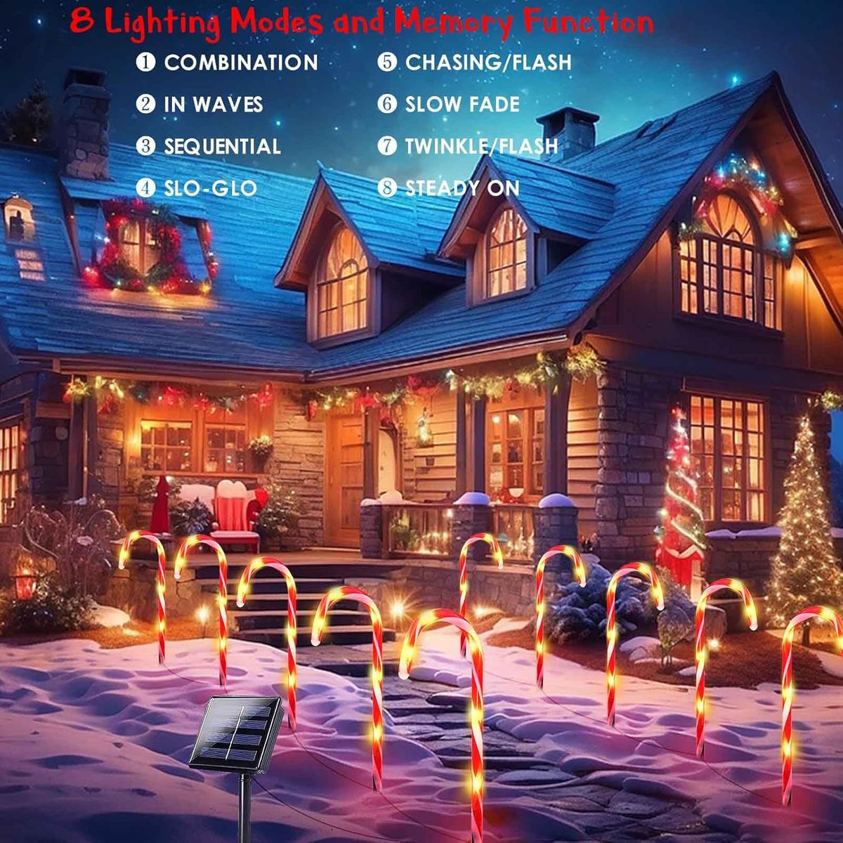 20 Pack Solar Christmas Candy Cane Lights, Christmas Decorations Outdoor Waterproof, Solar Powered Pathway Lights with 8 lighting Modes & Memory Function for Outside Party Garden Yard Patio Decoration