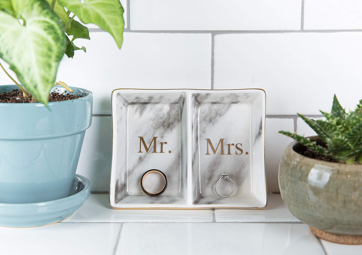 Aller Home & Kitchen Mr. & Mrs. Ring Dish - Marble Design Trinket Dish, Couples Ring Holder Dish - His and Hers Two Section Jewelry Dish Tray, Great for Wedding and Engagement Gifts