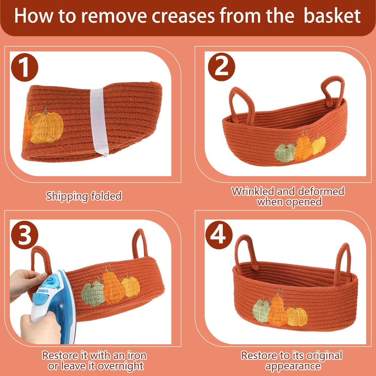 Vesici Pumpkin Toilet Paper Basket Boho Woven Cotton Rope Bathroom Countertop Organizer with Handle Orange Halloween Pumpkin Bathroom Storage Decor for Fall Halloween Bedroom Nursery, 13 x 6 x 4 Inch