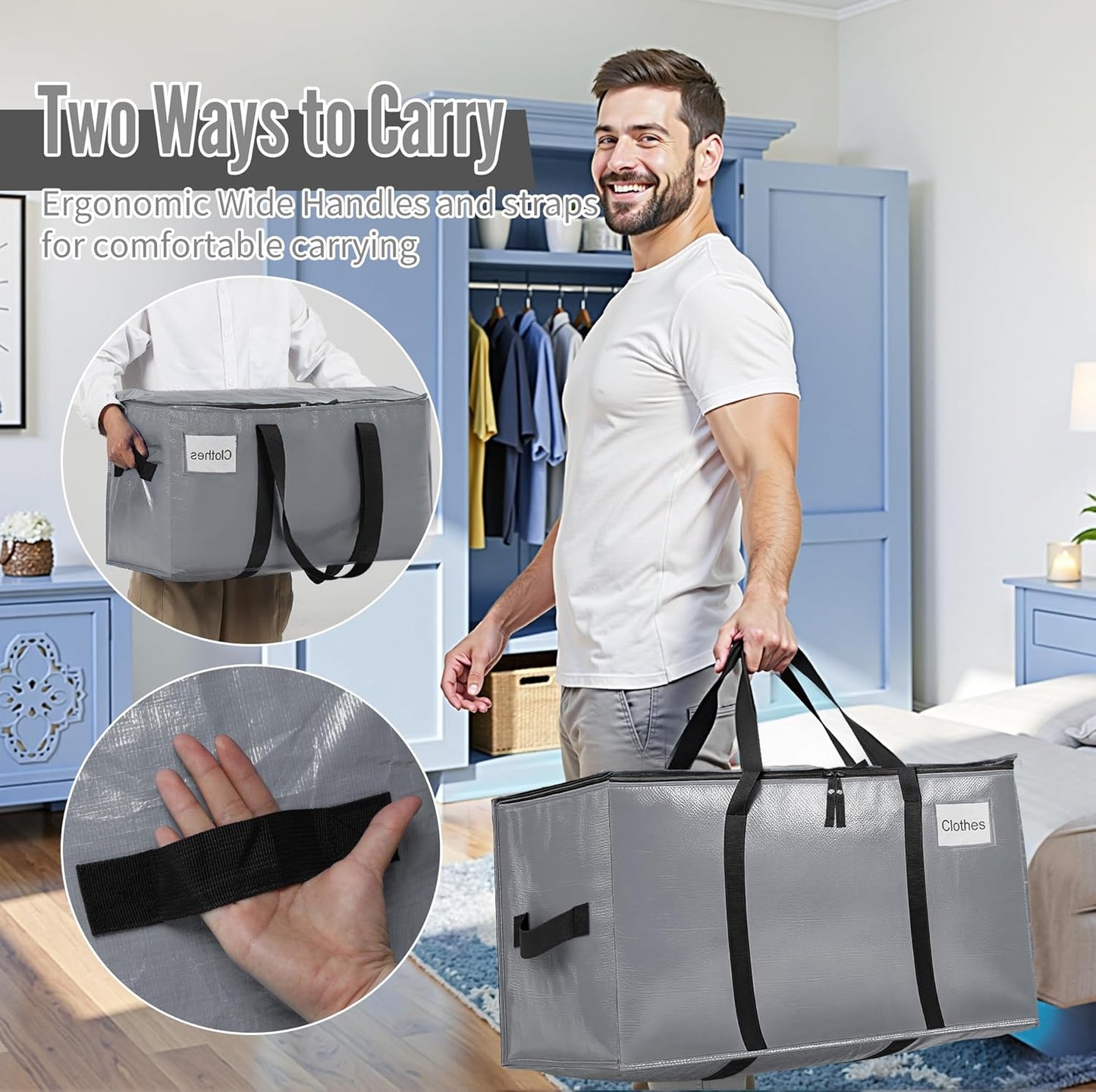 BAGAIL Heavy Duty Moving Bags - Extra Large Storage Totes with Strong Handles | 16 Pack in Grey