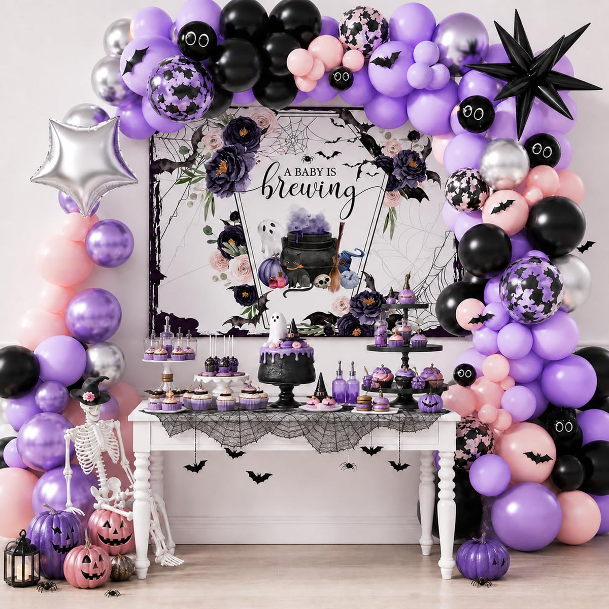 Mocsicka Halloween Baby Shower Backdrop A Baby is Brewing Baby Shower Party Decoartion Watercolor Flower Coffin Vampire Bat Baby Sprinkle Banner (Purple, 7x5ft(82''x60''))