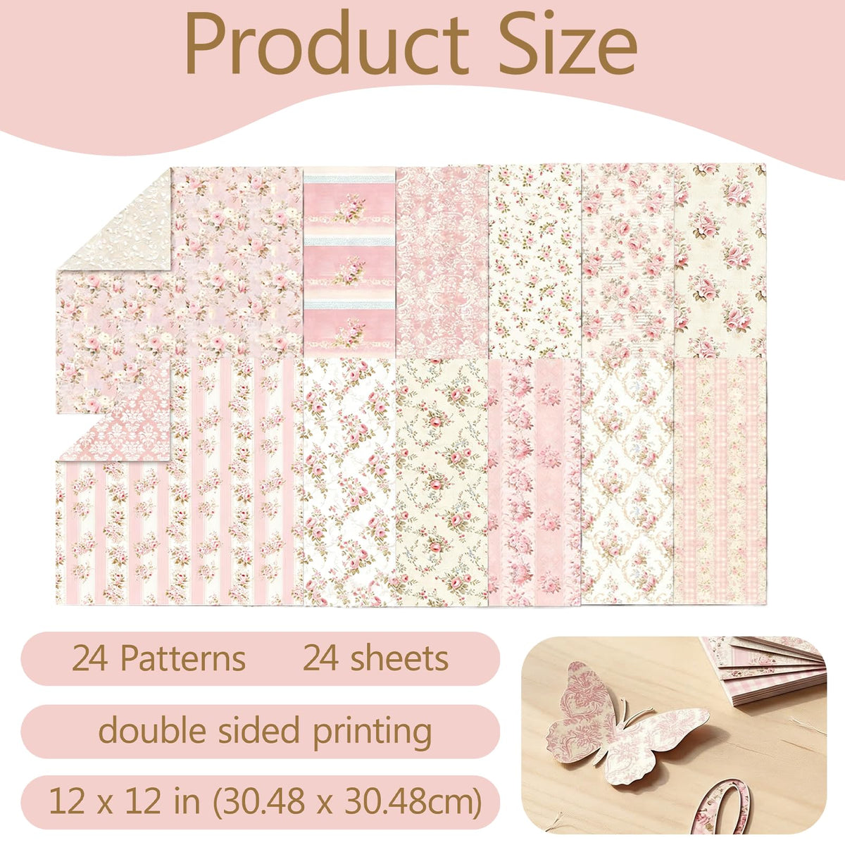 shuielai 24 Sheets 12×12 Retro Pink Floral Scrapbook Paper, Dual-Sided Decorative Craft Paper - for Photo Albums Junk Journals DIY Decor (Pink)
