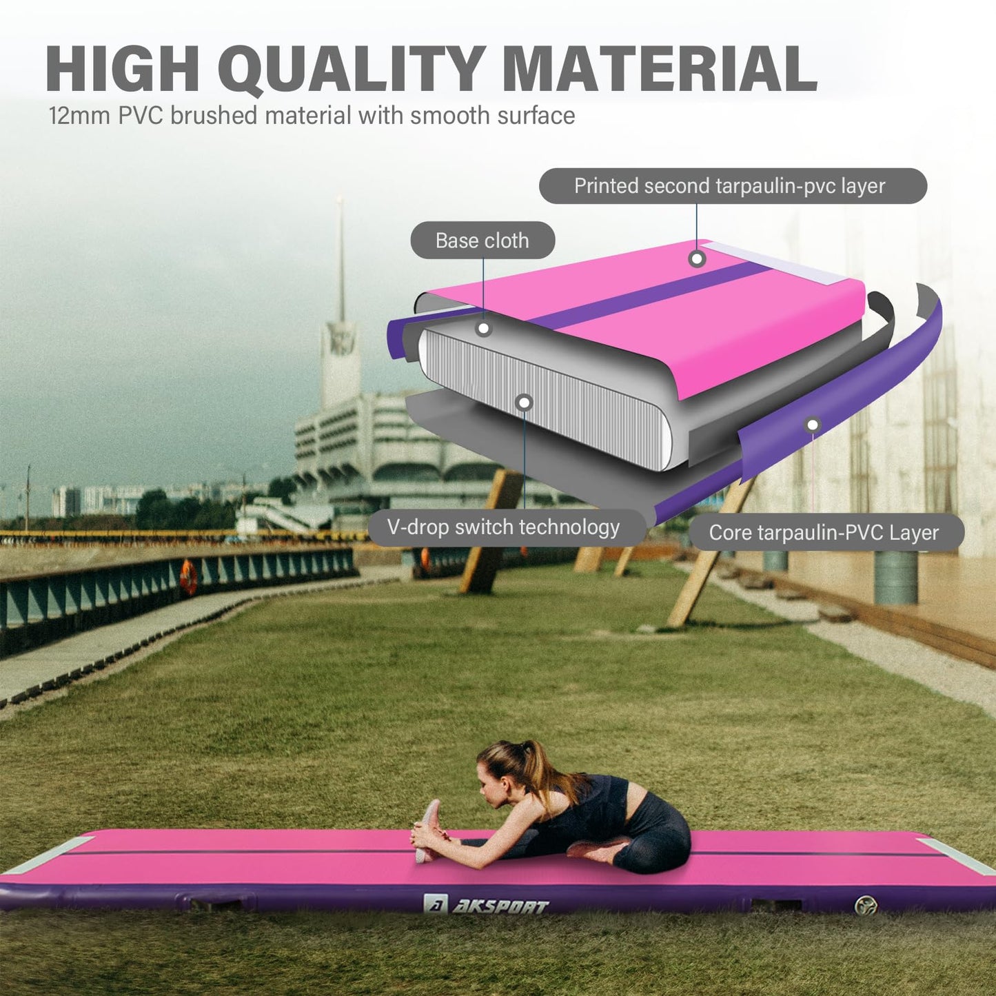 AKSPORT Inflatable Air Gymnastics Mat 10ft/13ft/16ft/20ft/23ft/26ft Tumble Track 4/8 inches Thickness Air Tumbling Mat with Air Pump for Home Use/Tumble/Gym/Training/Cheerleading