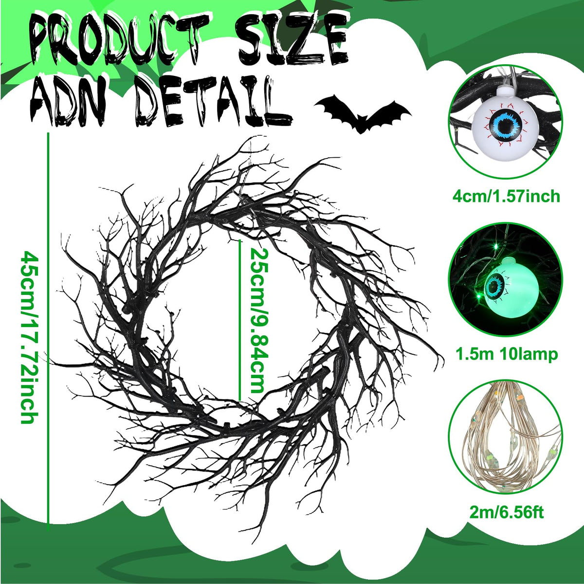 Dingion 18'' Halloween Eyeball Wreath for Front Door Light up Eyeball Wreath Decoration LED Halloween Garland with Black Dead Branch Garland Battery Operated Glowing Creepy Party Favor Wall Outdoor