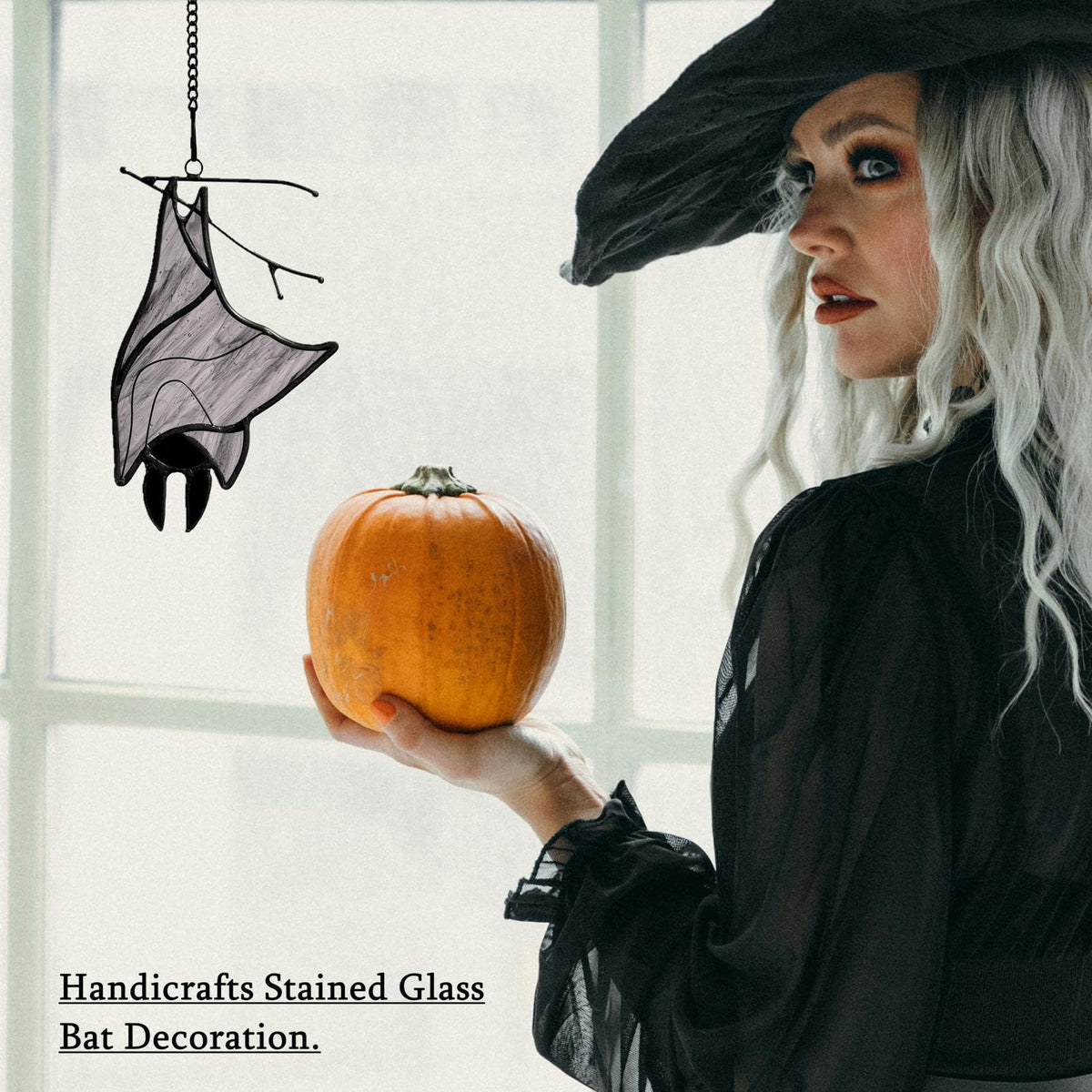 Lcensp Stained Glass Bat Decor Window Hangings Ornament, Gothic Bat Suncatcher Halloween Decorations Gifts, Handmade Occult Sun Catchers Indoor Window Home Decor