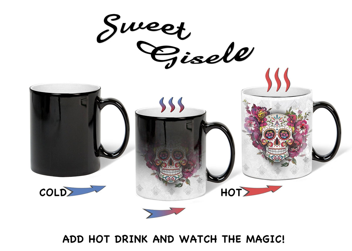 Sweet Gisele | Sugar Skull Mug | Heat Activated | Color Changing Coffee Cup | Floral Pattern Ceramic | Reveals Vivid Colors | Great Novelty Gift | White | 11 Fl. Oz