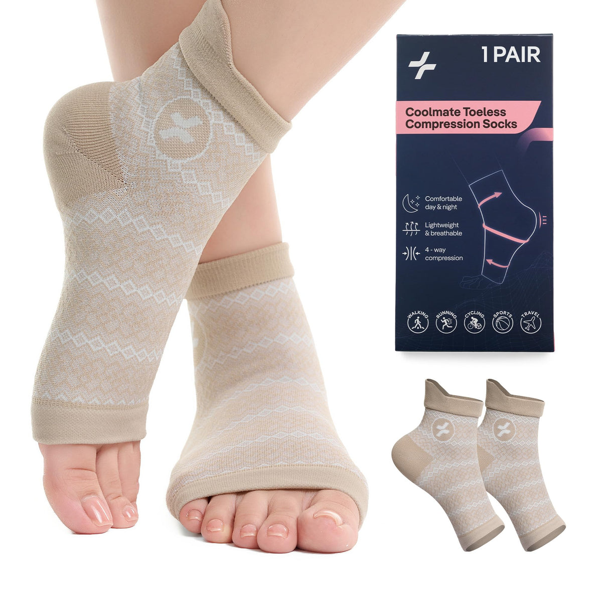 CoolMate Ankle Support Compression Socks for Women and Men, Toeless Arch Support Sleeve for Running, Walking, Workout (US, Alpha, Small, Medium, Regular, Regular, Nude)