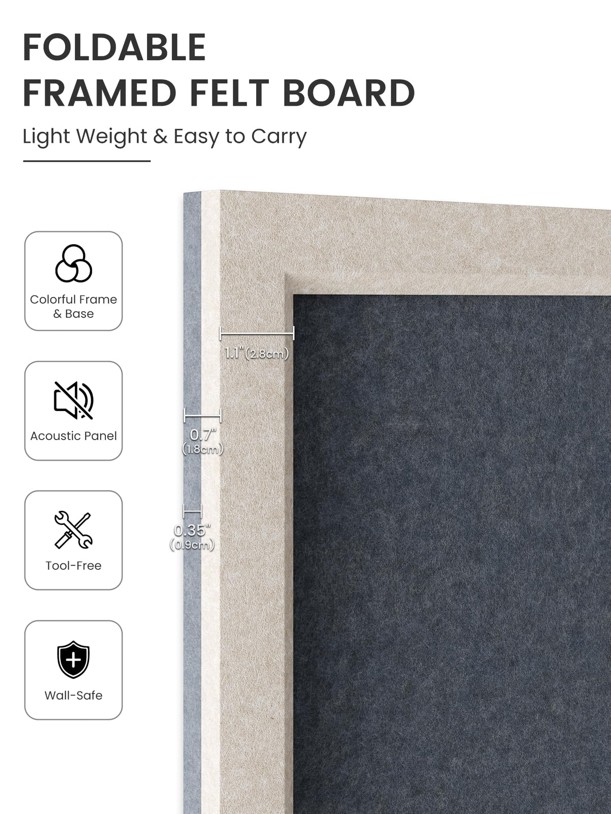 Fluxynara Foldable Cork Board Alternative, Felt Bulletin Board 23.6" x 17.5" Oatmeal Frame with 12 Adhesive Tabs, Pin Board for Home Office, Classroom, Entryway, Kitchen Wall Decor—Navy Blue