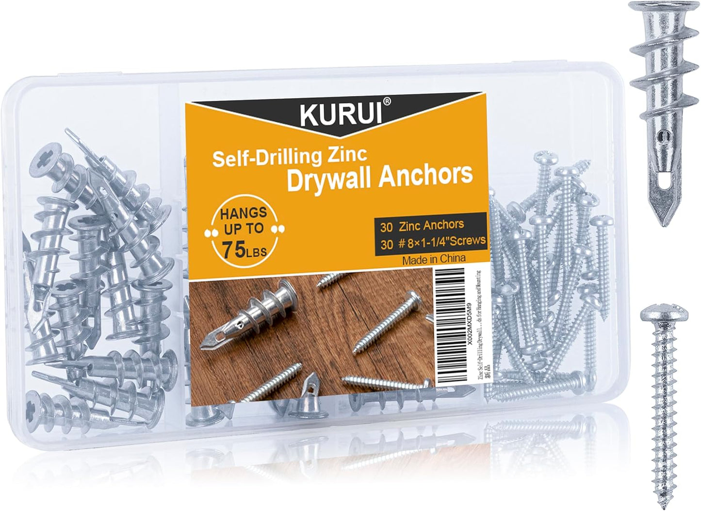 KURUI Zinc Self-Drilling Drywall Anchors Kit - 60PCs Heavy Duty 75LB Capacity | 30 Anchors + Screws