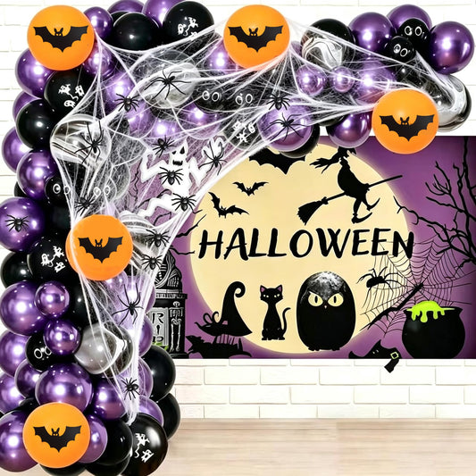 115 Pcs Halloween Balloon Garland Kit with Spider Web & Spiders, Spooky Purple Black Orange Balloons Set for Halloween Party Decorations for Indoor Outdoor, Haunted House Decorations