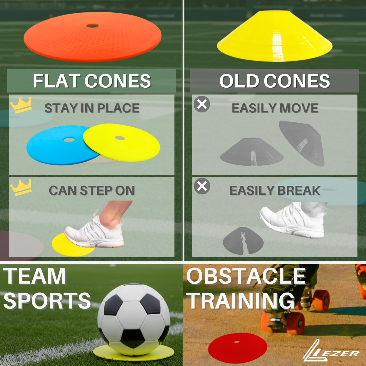 LEZER 9 Inch Flat Cones, Spot Markers, Soccer Cones, Field Court Markers, Sit Spots, Flat Discs, Soccer Training Equipment, Agility Practice, Football, Made in Taiwan, Set of 12