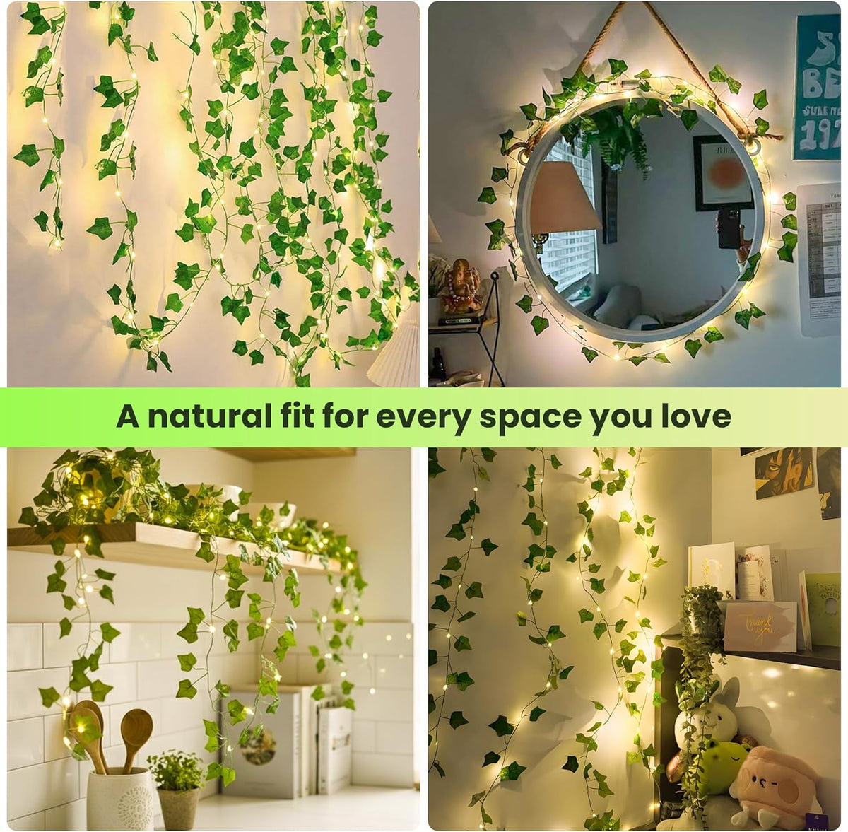 Skiennix Vine Leaf Fairy Lights - 23FT 73 LED Lighted Ivy Garland | Battery & USB Powered Warm White Decor