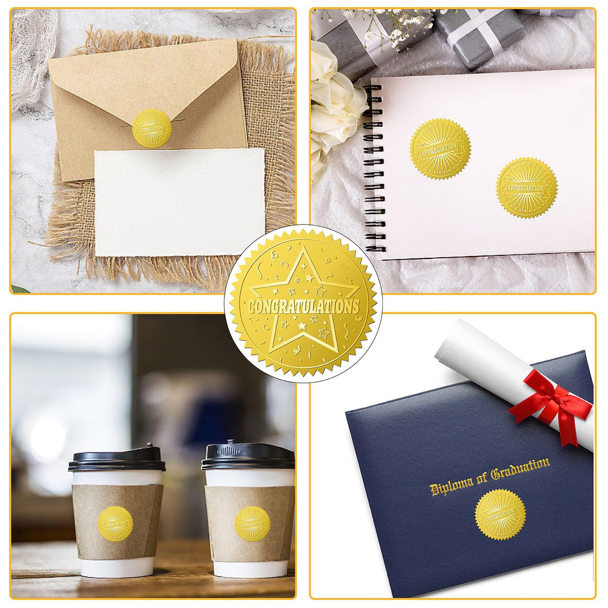 CRASPIRE 408Pcs Congratulations Gold Foil Embossed Stickers 2" Star Self Adhesive Envelopes Embossing Seals Round Labels for Wedding Invitation Corporation Graduation Certificates Diplomas Gift Award