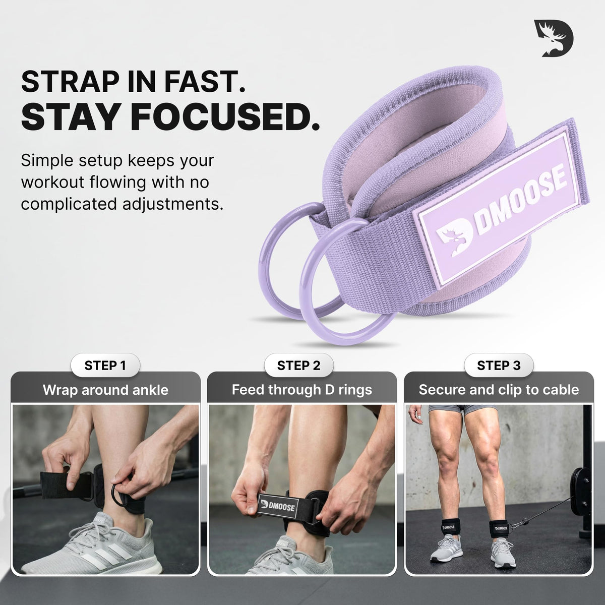 DMoose Fitness Ankle Straps for Cable Machines - One Size Fit Premium Padding, Glute Kickback Ankle Strap for Women & Men, Cable Attachments for Gym & Booty Workouts (Lilac Purple - Pair)