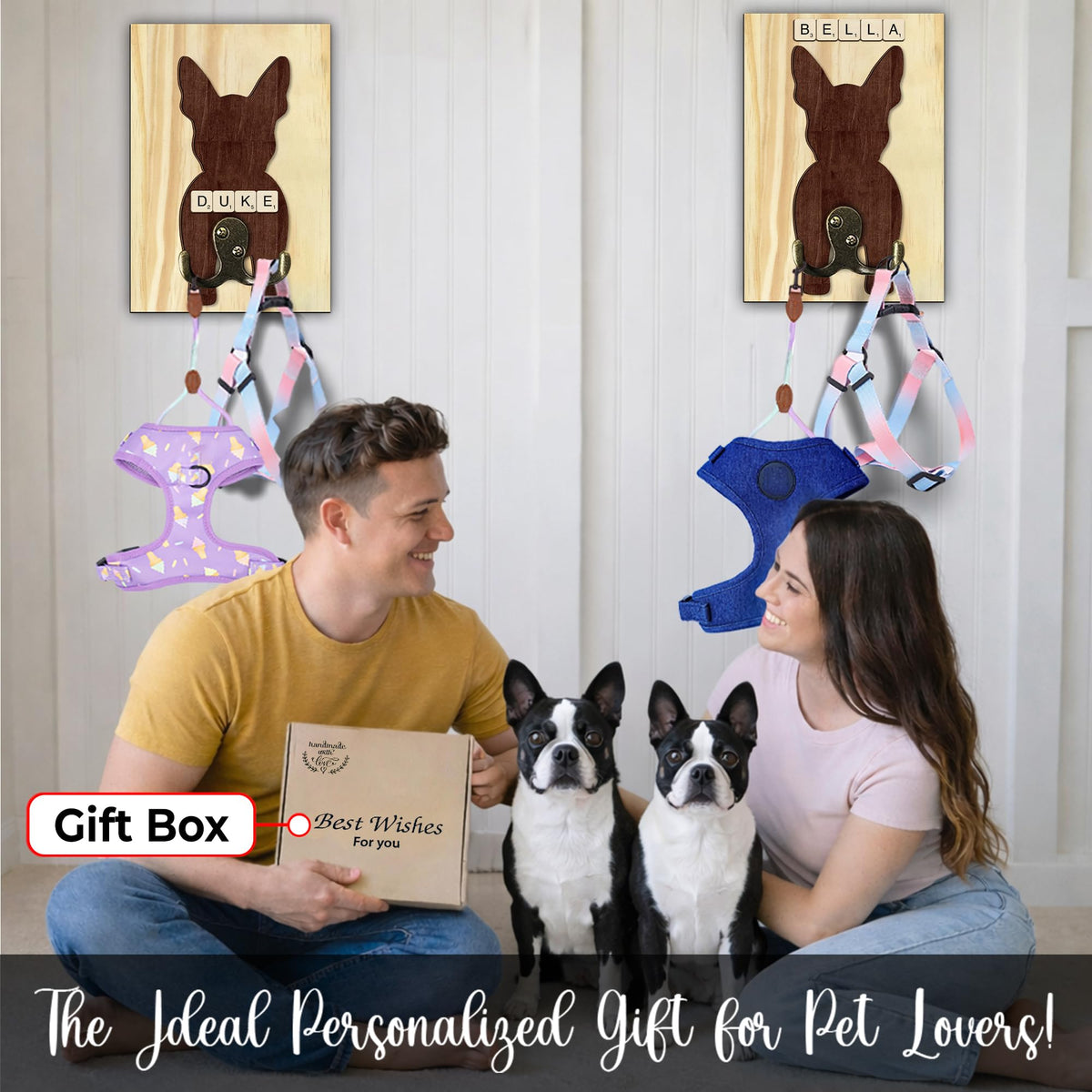 Boston Terrier Dog Leash Holder Wall Mount with Scrabble Letters, Wooden Dog Hook Organizer, Pet Collar and Harness Holder, Key and Leash Rack for Entryway, Gift for Pet Lovers, Home Decor PF297-15