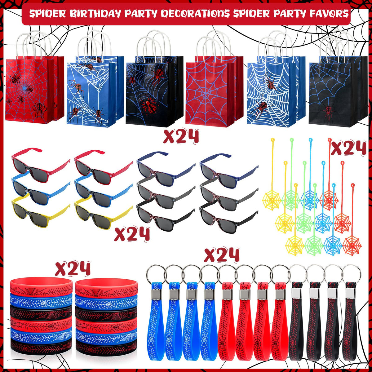 Simgoing 120 Pcs Spider Party Favors Include Spider Sunglasses, Web Gift Tote Bags, Blue Red Black Rubber Wristbands, Silicone Keychains and Sticky Webs for Birthday Comic Themed Party Decoration