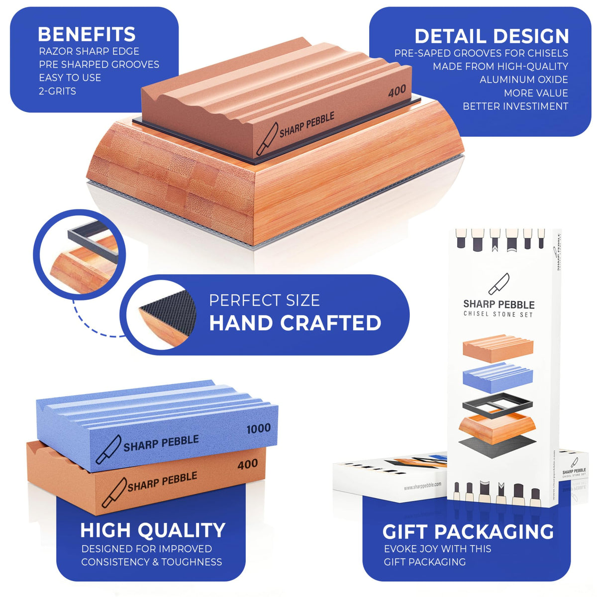 Sharp Pebble Sharpening Stones for Wood Carving Tools-Two Whetstones Grit 400 & 1000 Gouge Sharpener- Waterstone Sharpening System for Wood Carving Knives & Chisels with Non-Slip Bamboo Base