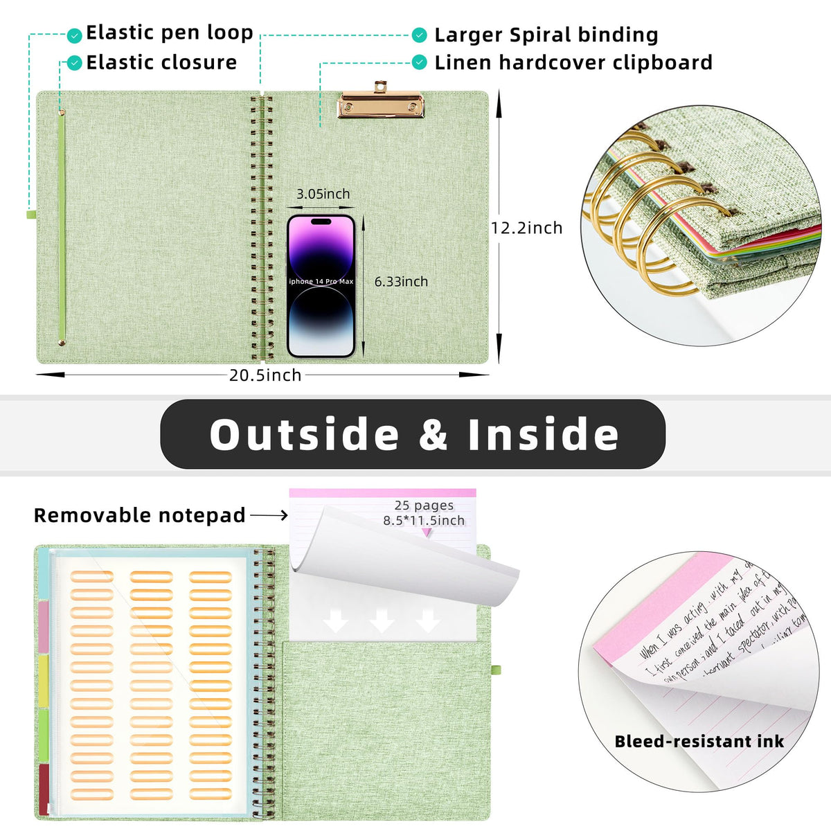 Ospelelf Green Foldable Spiral Clipboard Folio with Storage Zipper Pouch, 5 Plastic Folders with 10 Pockets, Refillable Lined Notepad (11" x 8.5"), Linen Hardcover Project Organizer