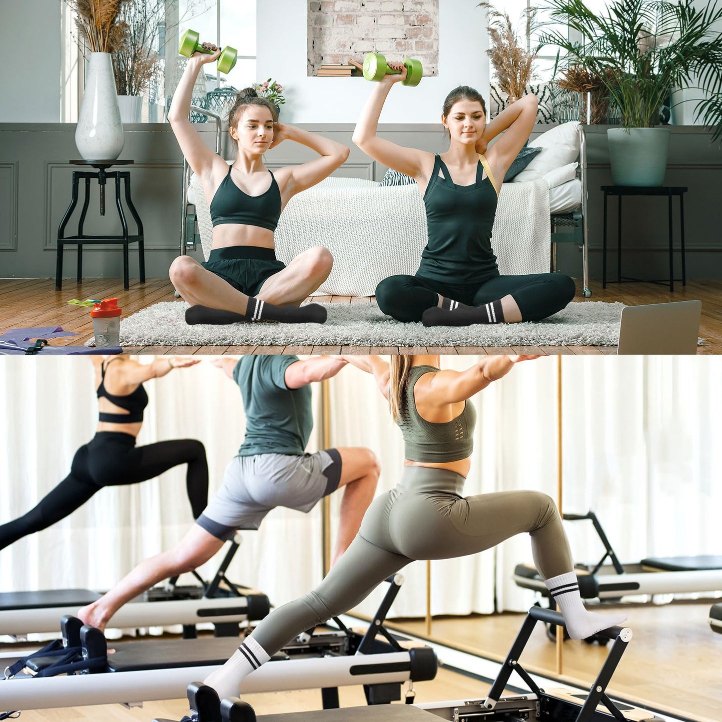 Toes Home Pilates Socks for Women with Grippers, Non Slip Yoga Crew Socks for Barre Hospital Exercise Workout Sticky Athletic Slipper Socks 4 Pairs