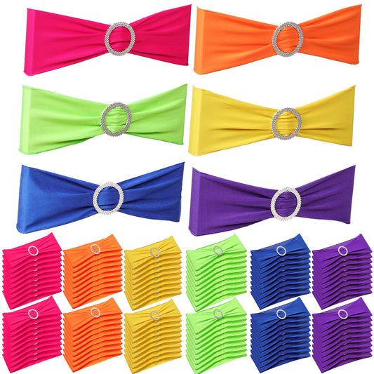 Newwiee 120 Pieces Colored Chair Sashes Spandex Dining Stretch Chair Sashes Bands with Buckle for Wedding Event Fiesta Mexican Party Favor Ceremony Reception Banquet Decoration (Solid)