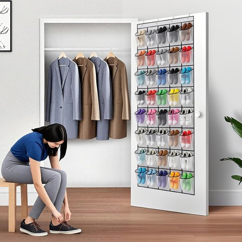 Hualleko Over The Door Shoe Organizer - Large Capacity Mesh Pocket Rack for 20 Pairs (White)