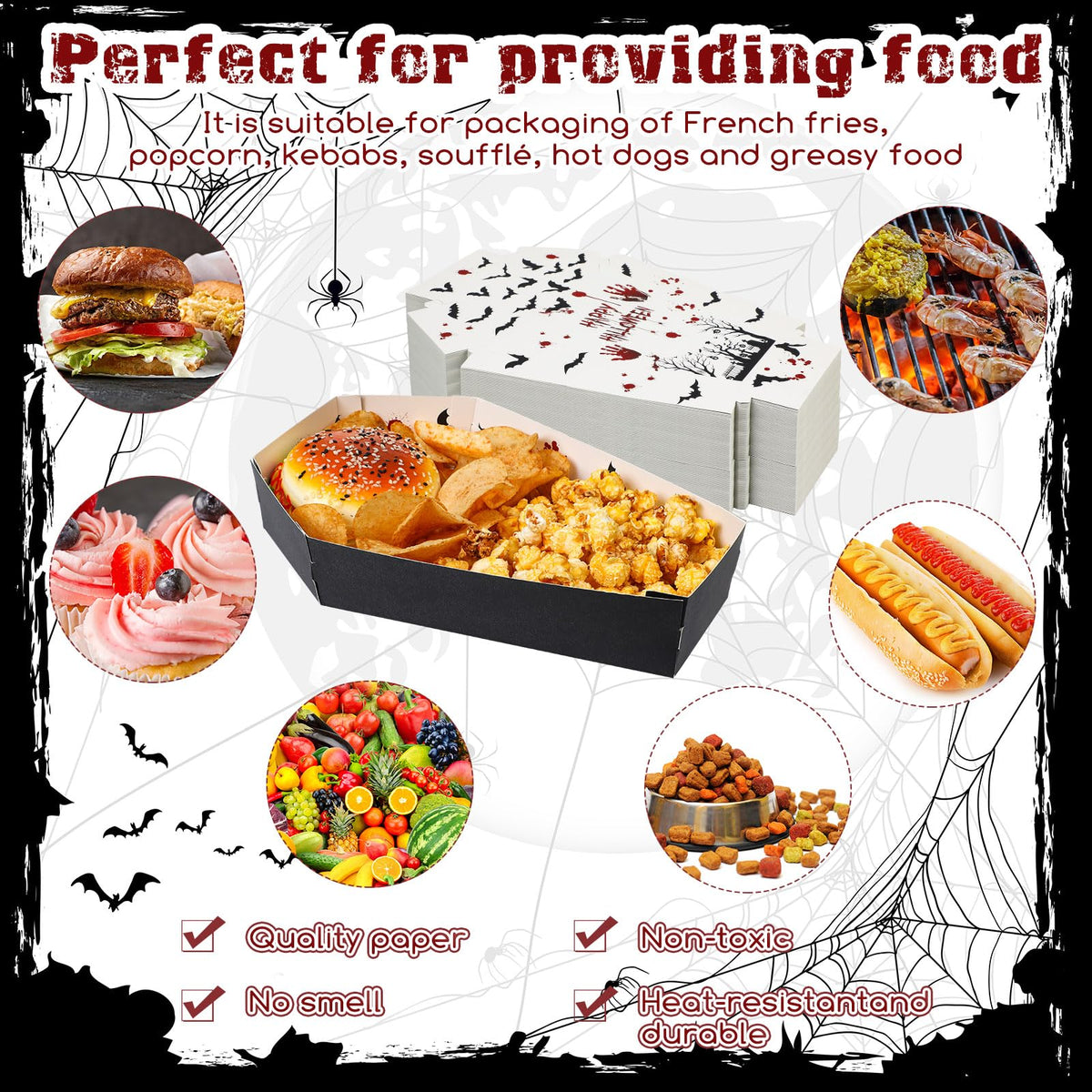 Mumufy 36 Pieces Summer Halloween Paper Tray Disposable Coffin Bowl for Treat Candy Snack Spooky Goth Food Holder Trays for Halloween Party Supplies 10.24 x 6.3 x 1.9 Inches